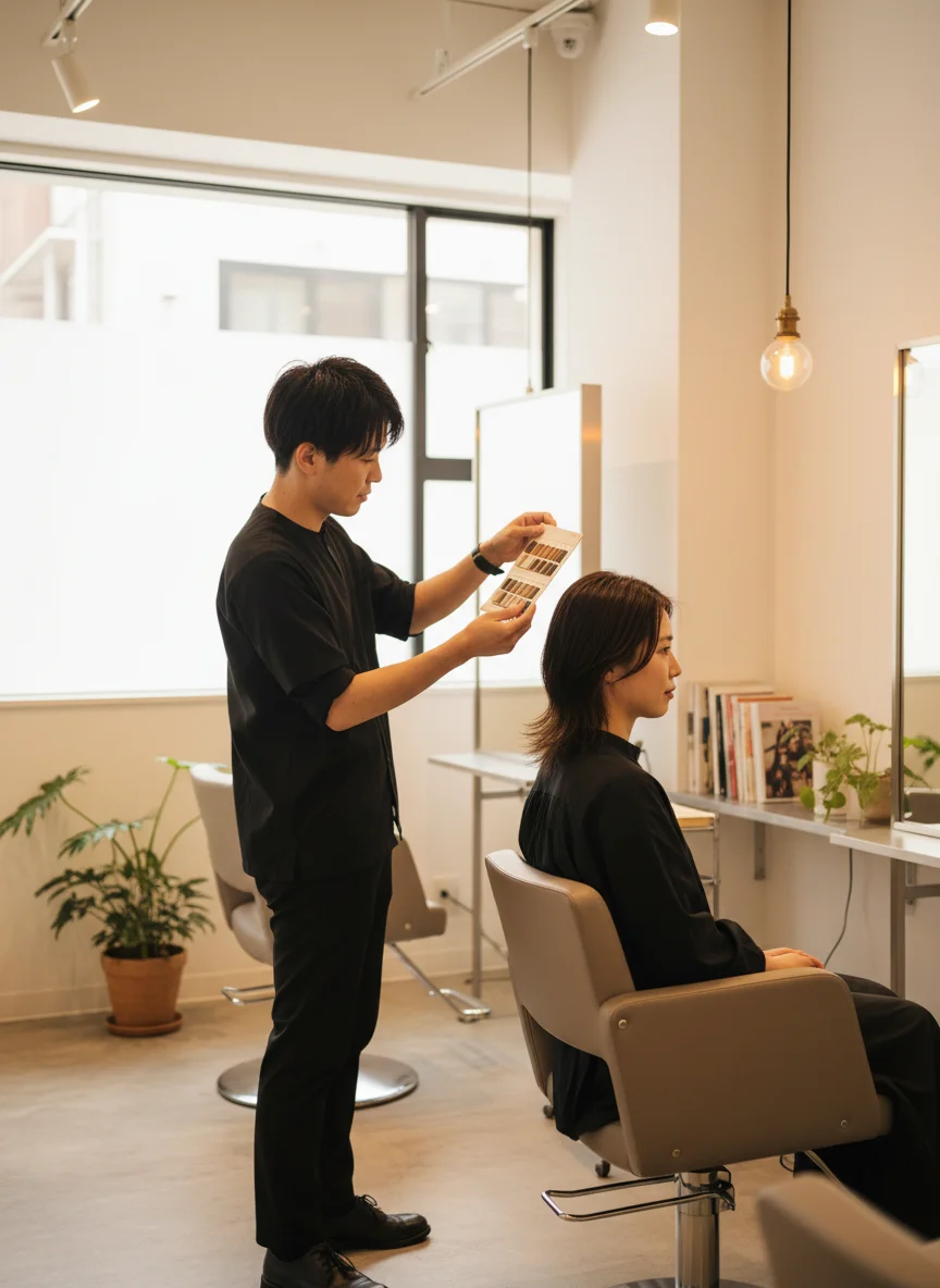 カラーチャートを手にお客様の髪を確認する美容師