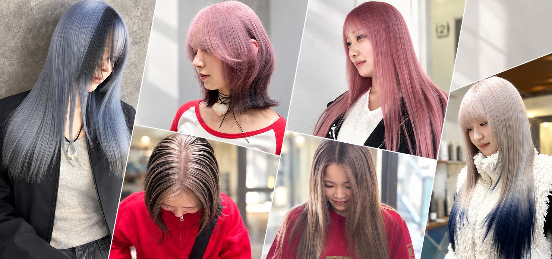 ブルー・ピンク・ホワイトブロンドなど、さまざまなヘアカラーを楽しむ7人のモデルのコラージュ